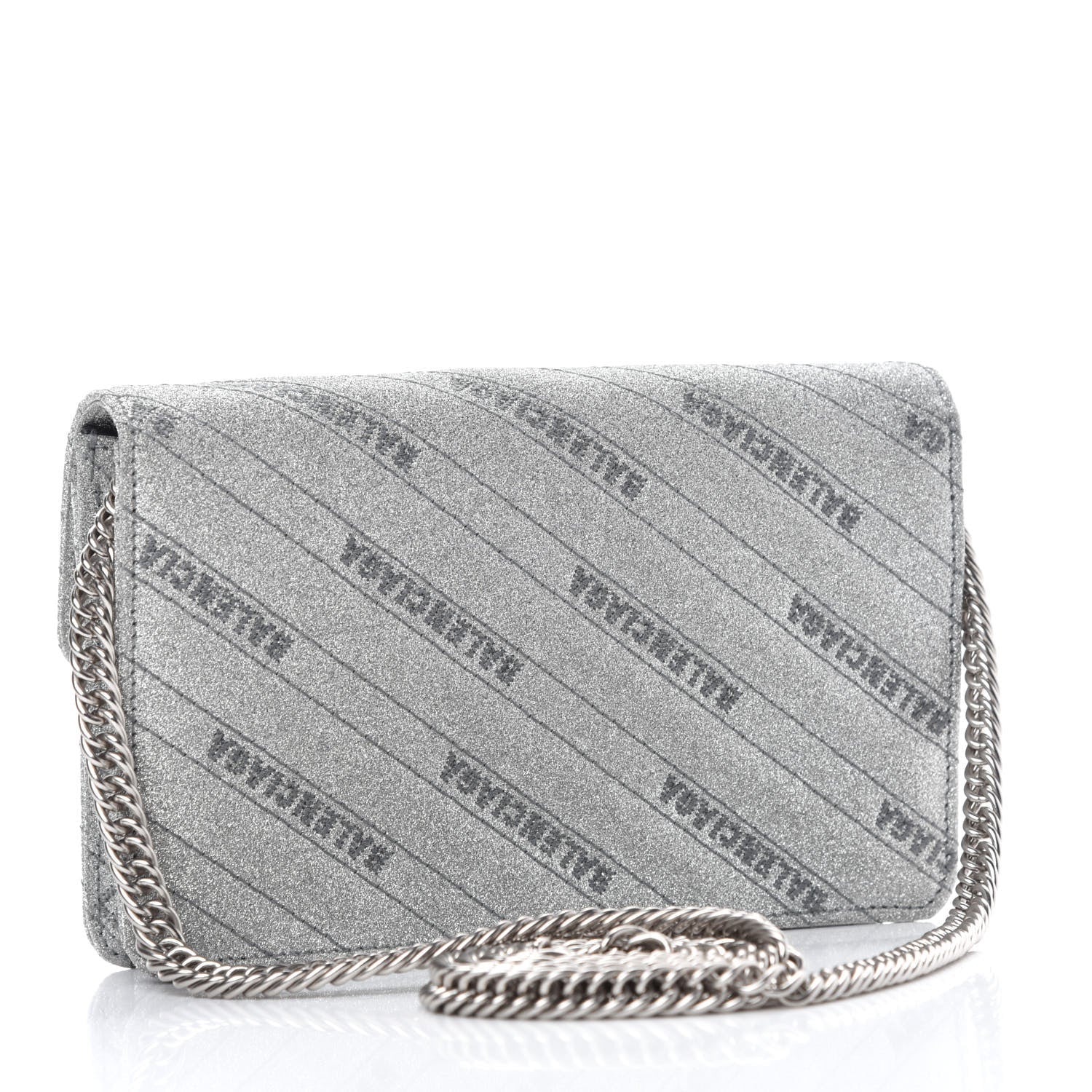 Balenciaga BB Silver Glittered Leather Wallet on Chain Bag available at Queen Bee of Beverly Hills