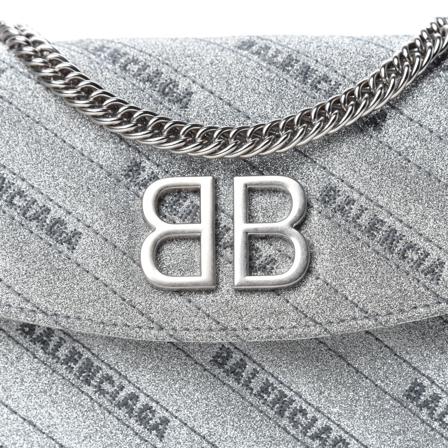 Balenciaga BB Silver Glittered Leather Wallet on Chain Bag available at Queen Bee of Beverly Hills