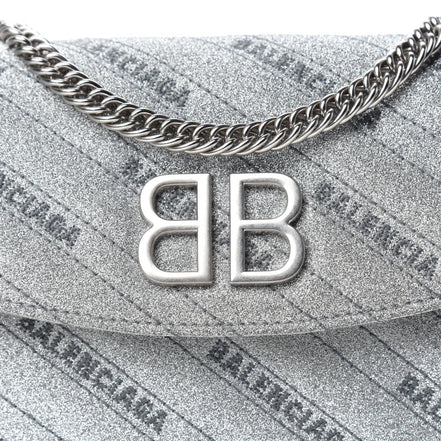 Balenciaga BB Silver Glittered Leather Wallet on Chain Bag available at Queen Bee of Beverly Hills
