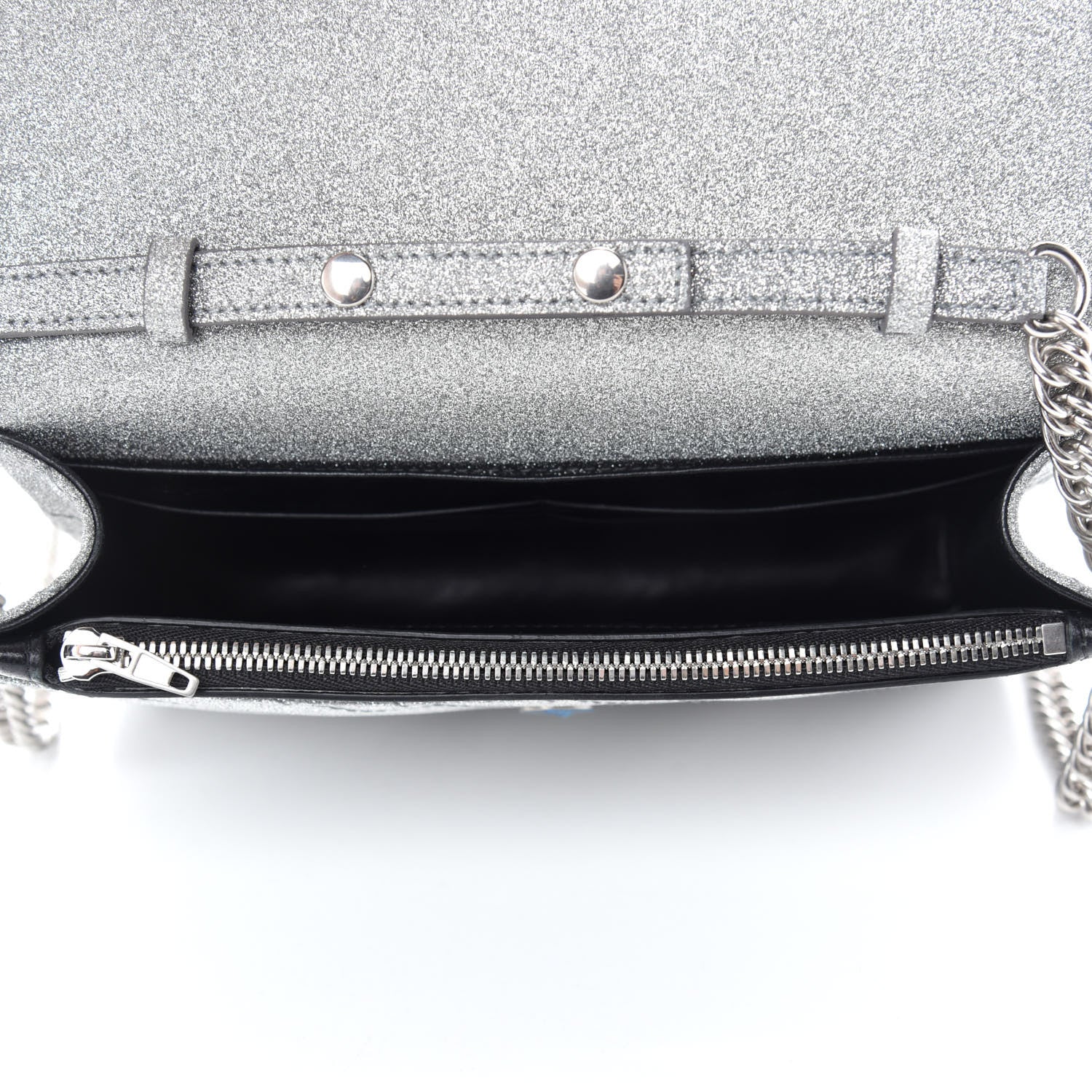 Balenciaga BB Silver Glittered Leather Wallet on Chain Bag available at Queen Bee of Beverly Hills
