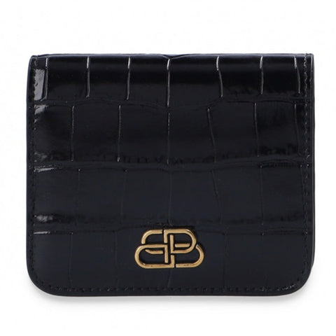 Balenciaga Black Calf Leather Crocodile Embossed Mini Wallet 601474 at_Queen_Bee_of_Beverly_Hills