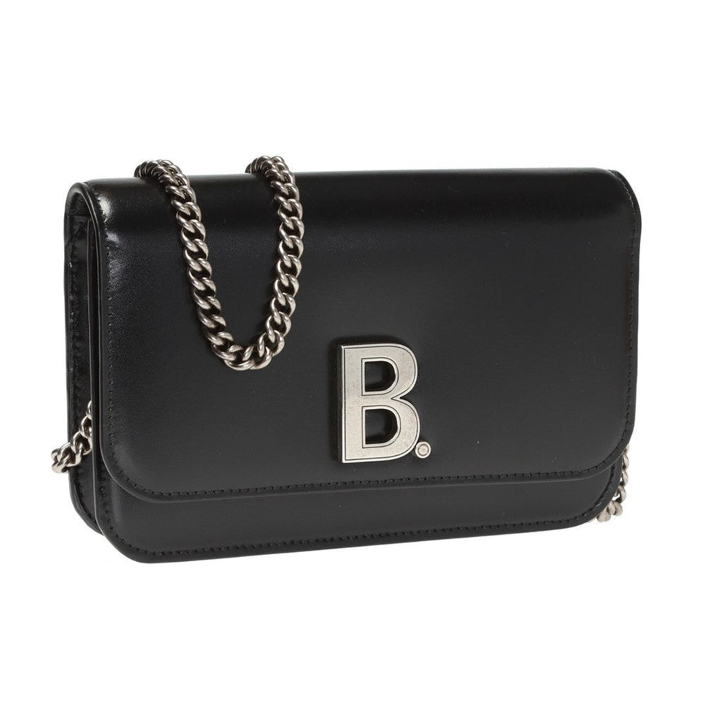 Balenciaga Black Calfskin Leather Silver Logo Chain Wallet Bag 593615 at_Queen_Bee_of_Beverly_Hills