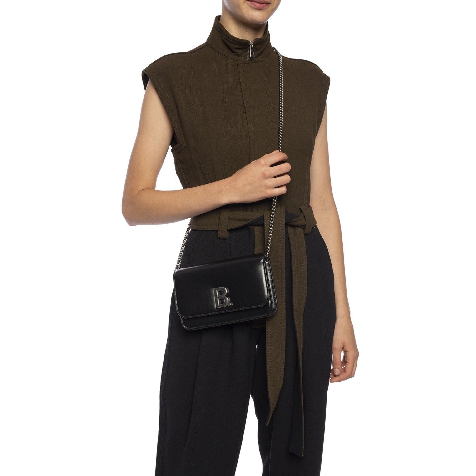 Balenciaga Black Calfskin Leather Silver Logo Chain Wallet Bag available at Queen Bee of Beverly Hills