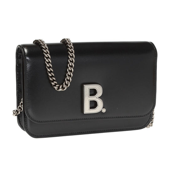Balenciaga Black Calfskin Leather Silver Logo Chain Wallet Bag available at Queen Bee of Beverly Hills