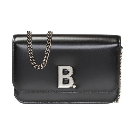 Balenciaga Black Calfskin Leather Silver Logo Chain Wallet Bag available at Queen Bee of Beverly Hills