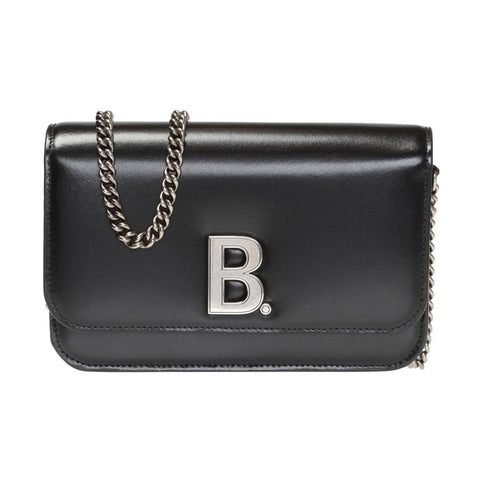 Balenciaga Black Calfskin Leather Silver Logo Chain Wallet Bag available at Queen Bee of Beverly Hills