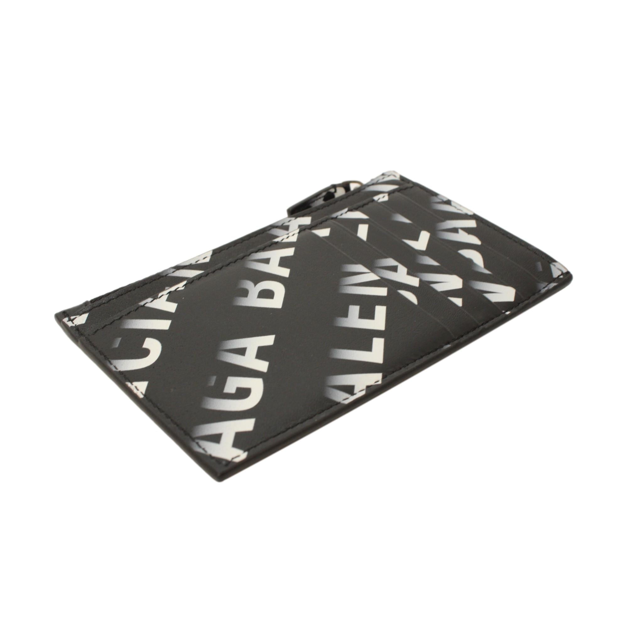 Balenciaga Black Leather Gradient Logo Small Zip Card Wallet available at Queen Bee of Beverly Hills