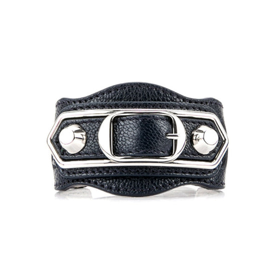 Balenciaga Black Shiny Calfskin Leather Studs Buckle Bracelet available at Queen Bee of Beverly Hills