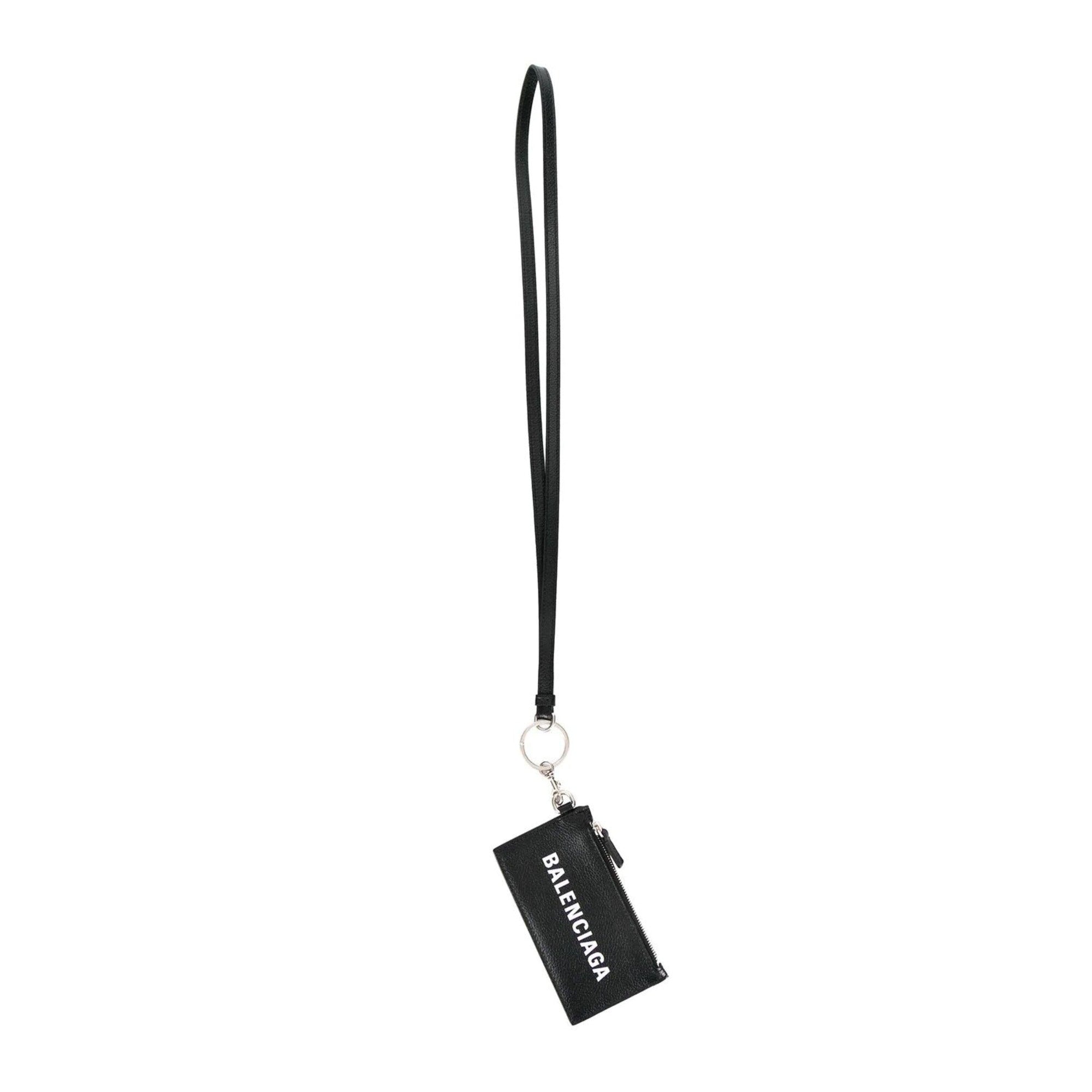 Balenciaga Cash Logo Black Grain Leather Neck Lanyard Card Holder Wallet available at Queen Bee of Beverly Hills