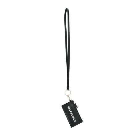 Balenciaga Cash Logo Black Grain Leather Neck Lanyard Card Holder Wallet available at Queen Bee of Beverly Hills