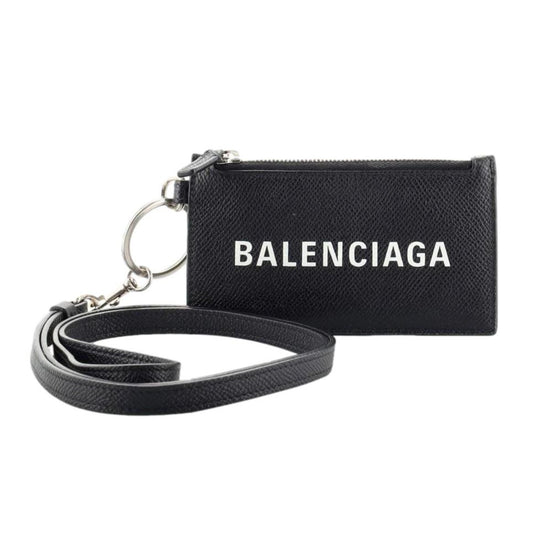 Balenciaga Cash Logo Black Grain Leather Neck Lanyard Card Holder Wallet available at Queen Bee of Beverly Hills