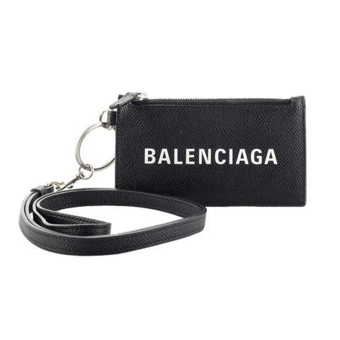 Balenciaga Cash Logo Black Grain Leather Neck Lanyard Card Holder Wallet available at Queen Bee of Beverly Hills