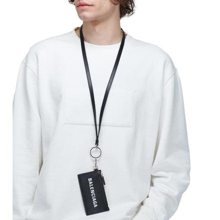 Balenciaga Cash Logo Black Grain Leather Neck Lanyard Card Holder Wallet available at Queen Bee of Beverly Hills