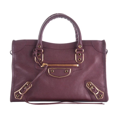 Balenciaga City Prune Purple Goat Leather Small Shoulder Bag available at Queen Bee of Beverly Hills
