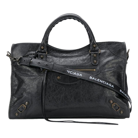 Balenciaga Classic City Black Arena Leather Logo Strap Satchel 505550 at_Queen_Bee_of_Beverly_Hills