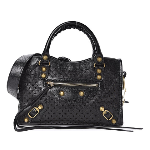 Balenciaga Classic City Black Leather Perforated Mini Satchel Bag 501065 at_Queen_Bee_of_Beverly_Hills