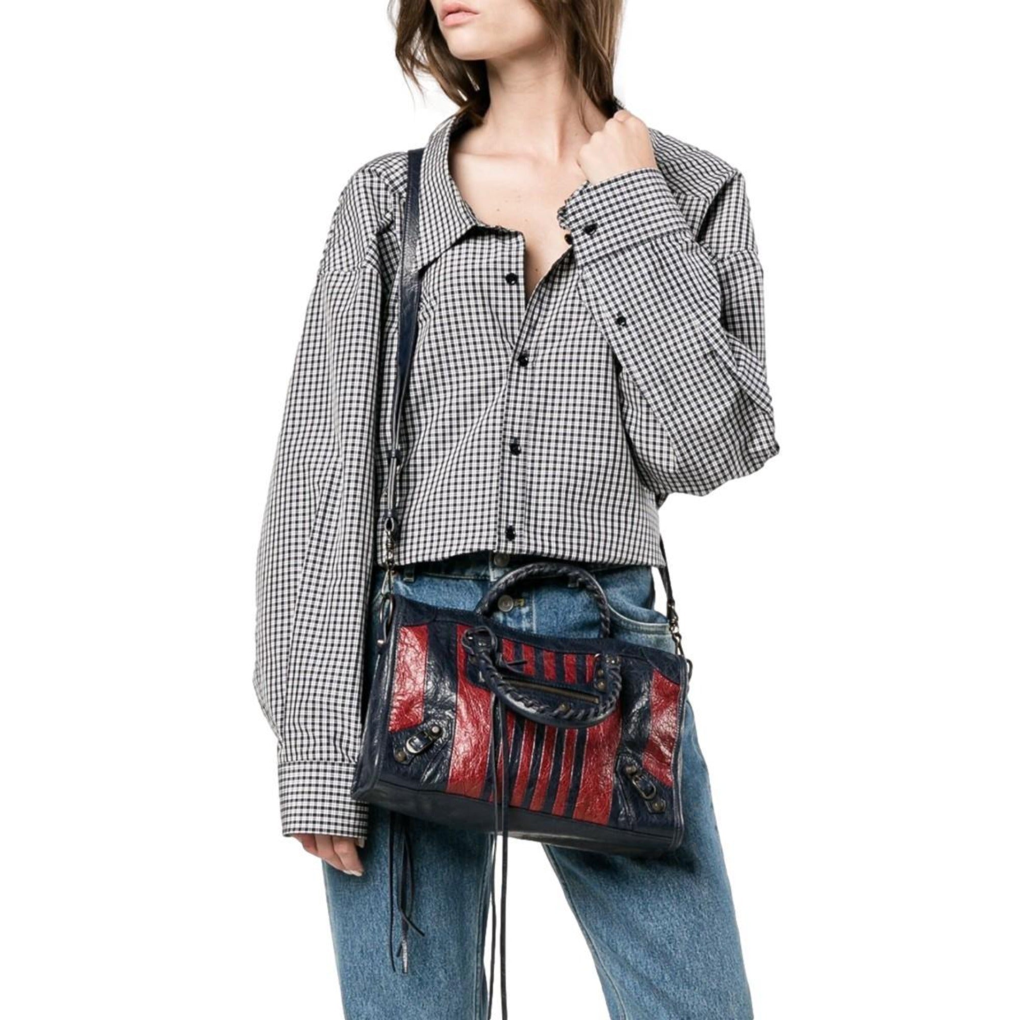 Balenciaga Classic City Marine Bordeaux Stripe Small Satchel Bag available at Queen Bee of Beverly Hills