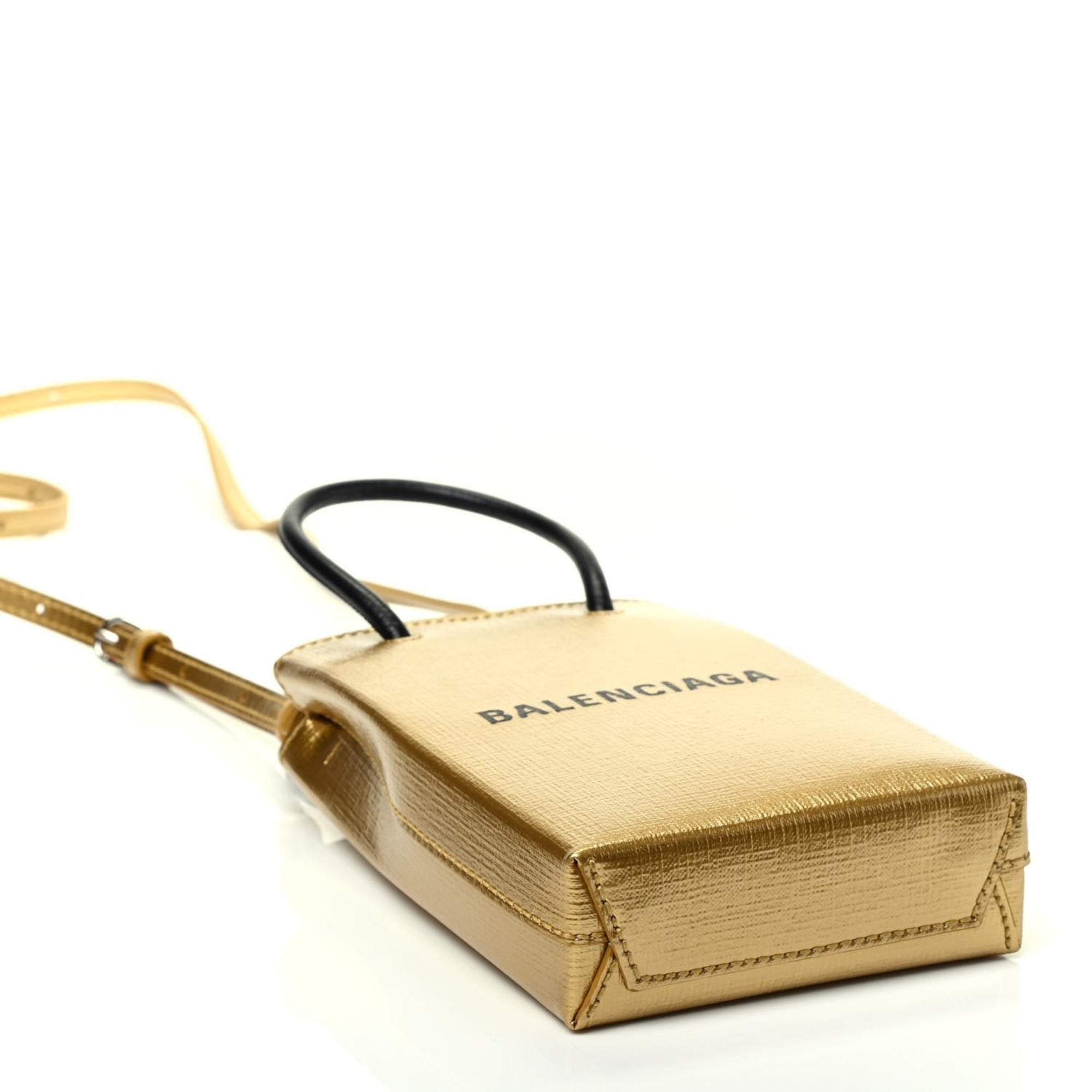 Balenciaga Gold Calfskin Leather Shopper Cross Body Bag available at Queen Bee of Beverly Hills