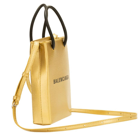 Balenciaga Gold Calfskin Leather Shopper Cross Body Bag available at Queen Bee of Beverly Hills