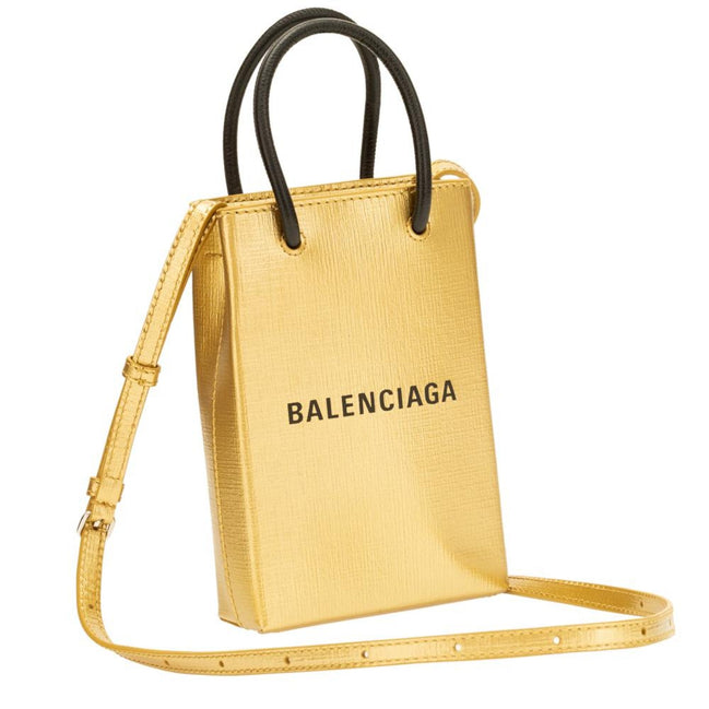 Balenciaga Gold Calfskin Leather Shopper Cross Body Bag available at Queen Bee of Beverly Hills