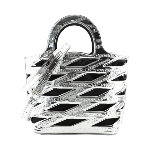 Balenciaga Neo Backet Metallic Silver Leather Small Satchel Bag 630708 at_Queen_Bee_of_Beverly_Hills