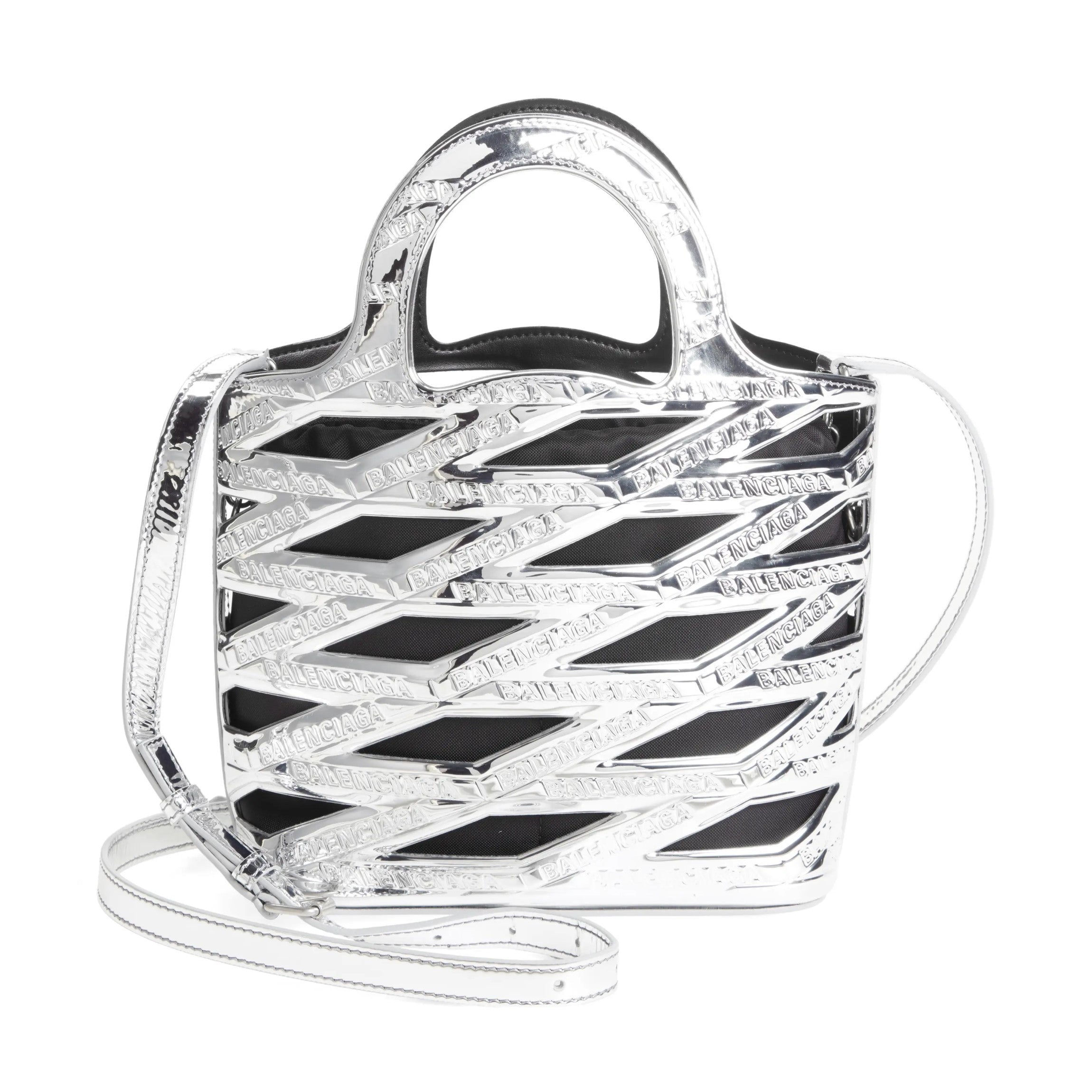 Balenciaga Neo Basket Metallic Silver Leather Small Satchel Bag available at Queen Bee of Beverly Hills
