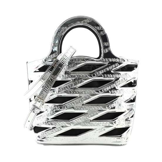 Balenciaga Neo Basket Metallic Silver Leather Small Satchel Bag available at Queen Bee of Beverly Hills
