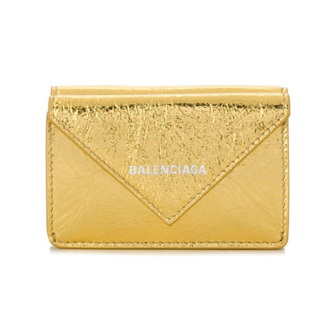 Balenciaga Papier Gold Arena Lambskin Mini Trifold Wallet available at Queen Bee of Beverly Hills