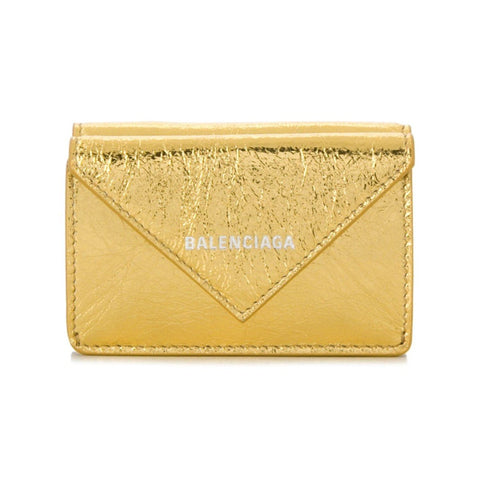 Balenciaga Papier Metallic Gold Arena Lambskin Leather Mini Trifold Wallet 391446 at_Queen_Bee_of_Beverly_Hills