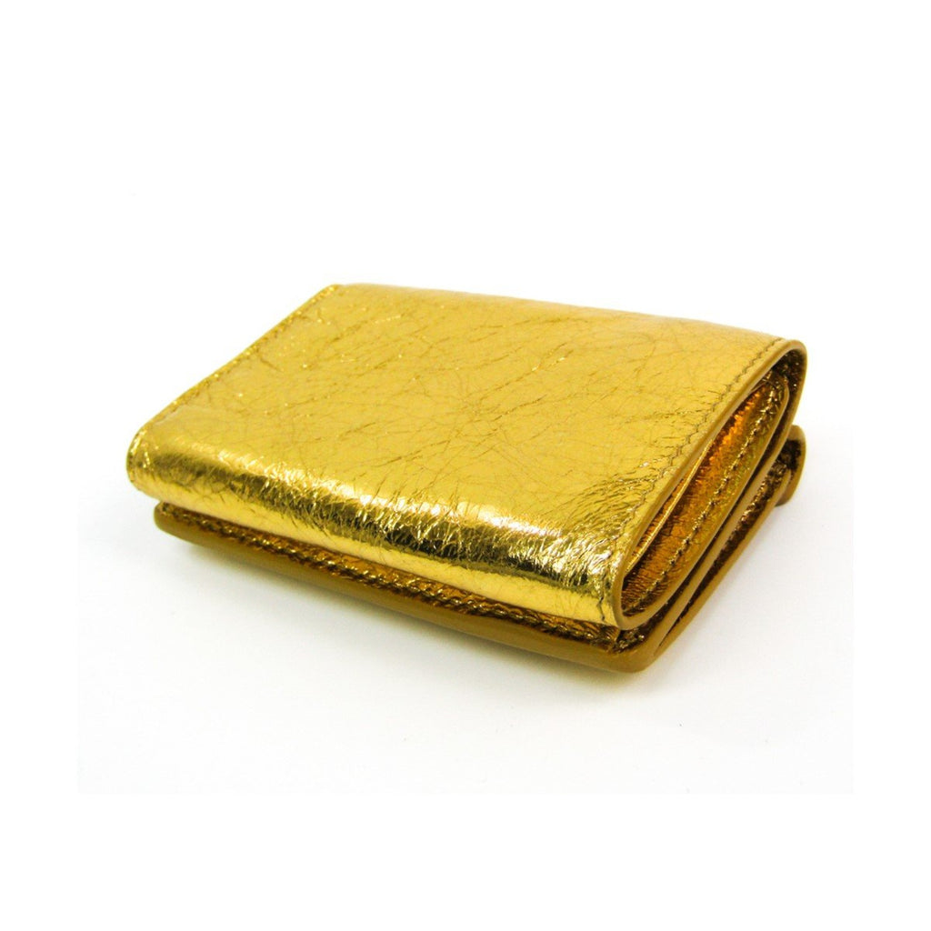 Balenciaga Papier Metallic Gold Arena Lambskin Leather Mini Trifold Wallet 391446 at_Queen_Bee_of_Beverly_Hills