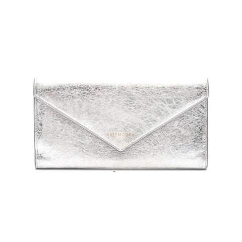 Balenciaga Papier Metallic Silver Arena Leather Envelope Wallet 499207 at_Queen_Bee_of_Beverly_Hills