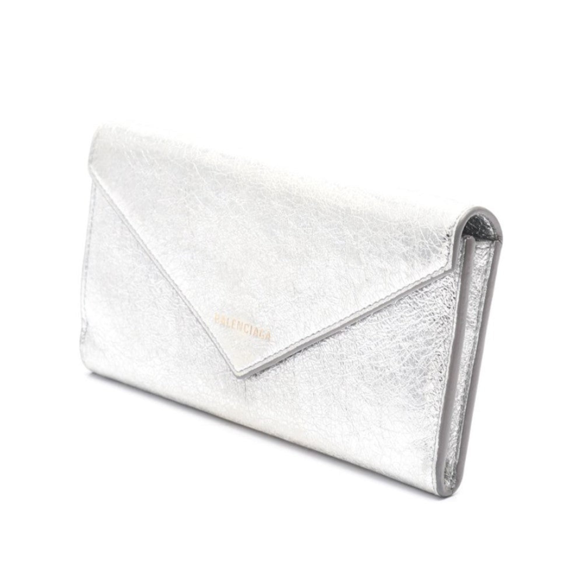 Balenciaga Papier Metallic Silver Arena Leather Envelope Wallet available at Queen Bee of Beverly Hills