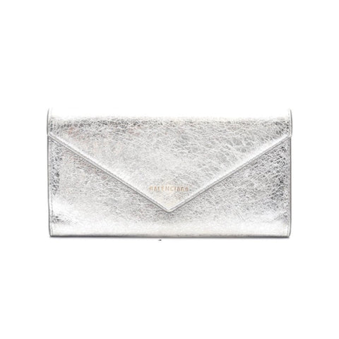 Balenciaga Papier Metallic Silver Arena Leather Envelope Wallet available at Queen Bee of Beverly Hills