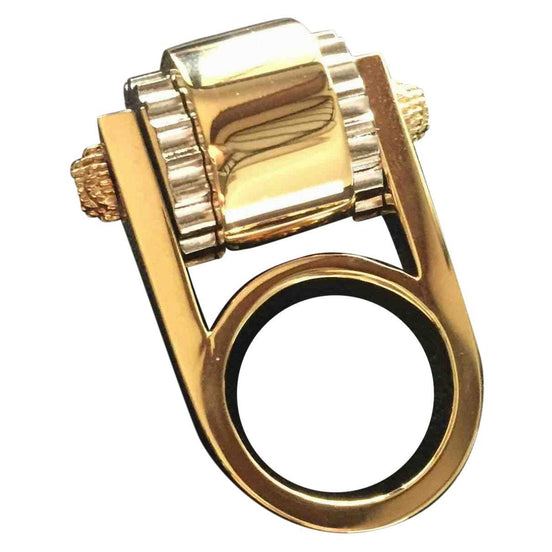 Balenciaga Ring Gold Tone Metal Hardware Gear Cylinder Large Size 6 available at Queen Bee of Beverly Hills