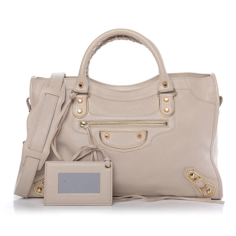 Balenicaga City Praline Beige Shiny Goat Leather Shoulder Bag 390154 at_Queen_Bee_of_Beverly_Hills