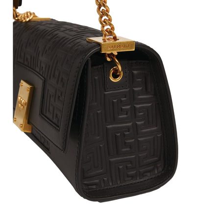 Balmain 1945 Black Leather Embossed Flap Medium Shoulder Bag available at Queen Bee of Beverly Hills
