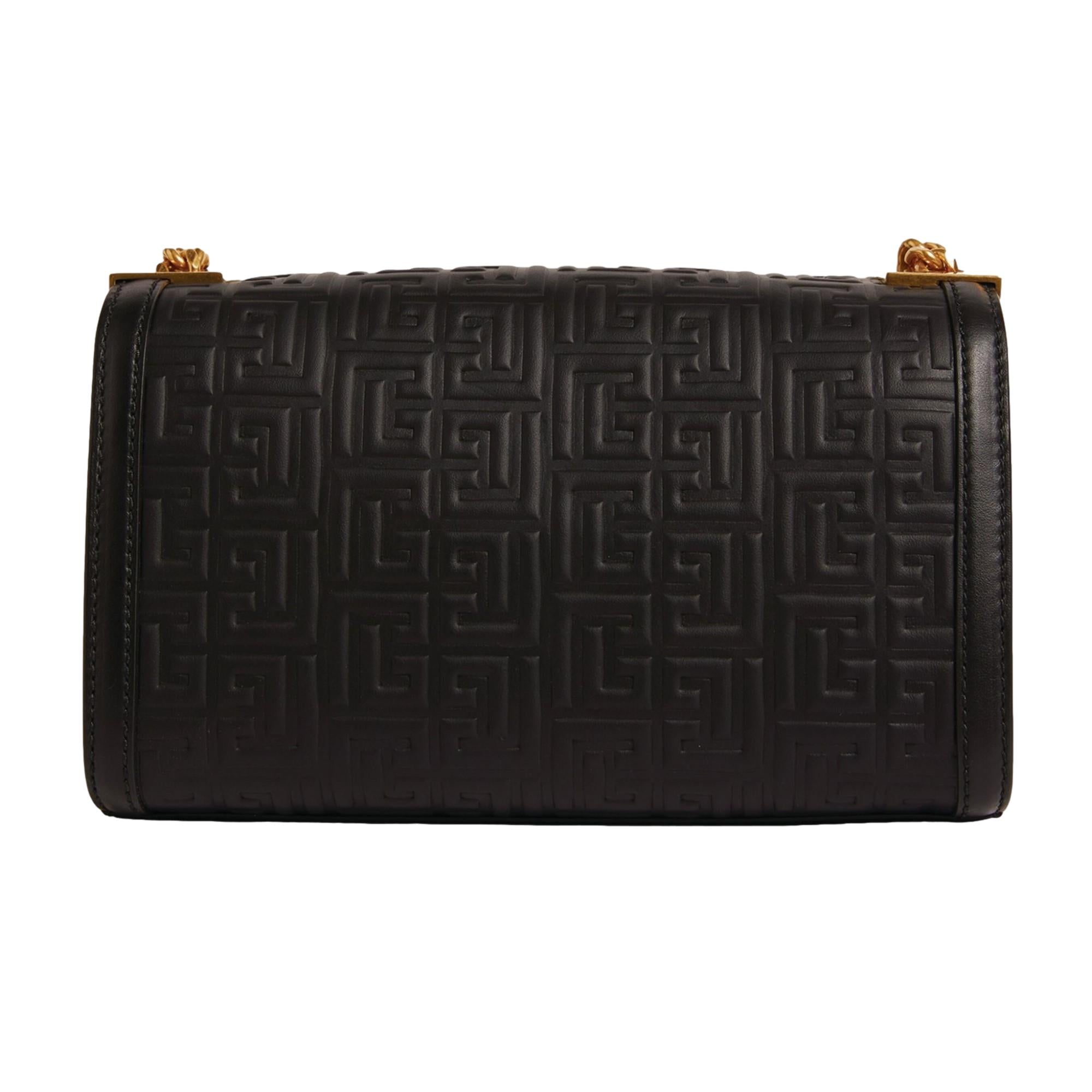 Balmain 1945 Black Leather Embossed Flap Medium Shoulder Bag available at Queen Bee of Beverly Hills
