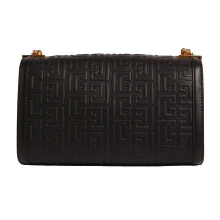 Balmain 1945 Black Leather Embossed Flap Medium Shoulder Bag available at Queen Bee of Beverly Hills