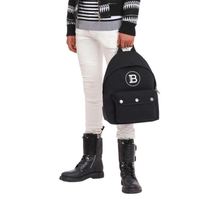 Balmain B-Back Black Nylon White Logo Backpack available at Queen Bee of Beverly Hills