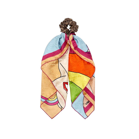 Fendi Antonio Lopez Multicolor Silk Scarf and Brown FF Logo Scrunchie Set FXT359 at_Queen_Bee_of_Beverly_Hills