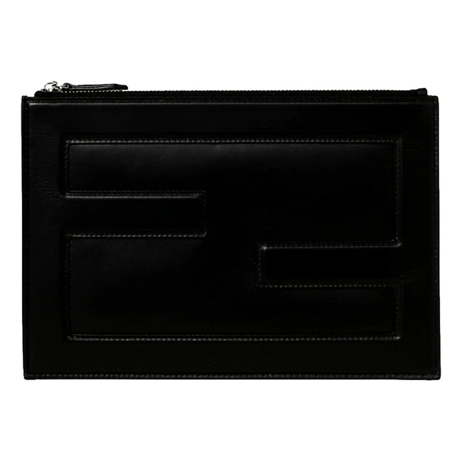 Fendi Baguette Black Calf Leather Embossed Clutch available at Queen Bee of Beverly Hills