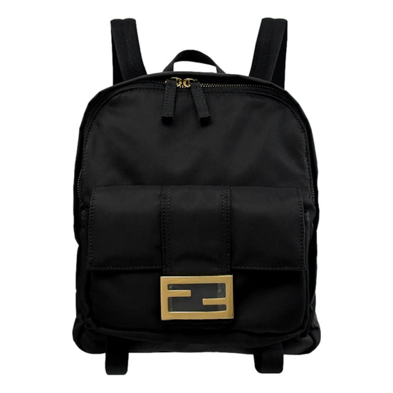 Fendi Baguette Black Nylon Gold Logo Small Travel Backpack Bag available at Queen Bee of Beverly Hills