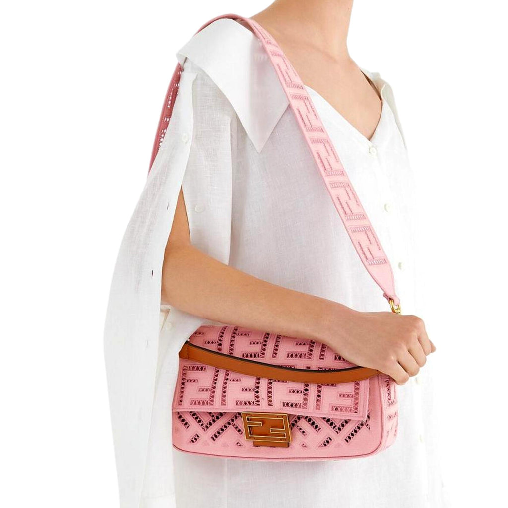 Fendi Baguette FF Motif Embroidered Pink Canvas Shoulder Bag 8BR600 at_Queen_Bee_of_Beverly_Hills