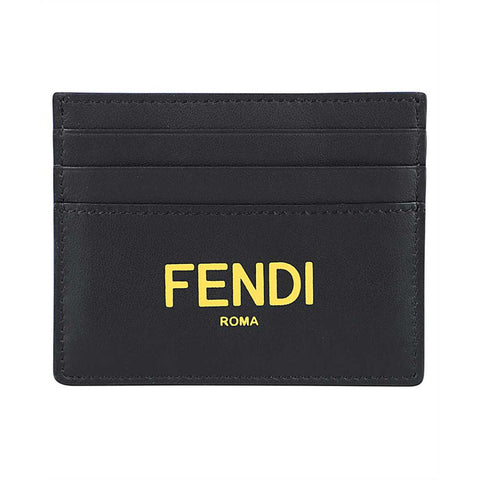 Fendi Black Calfskin Leather Yellow Logo Card Case Wallet 7M0164 at_Queen_Bee_of_Beverly_Hills