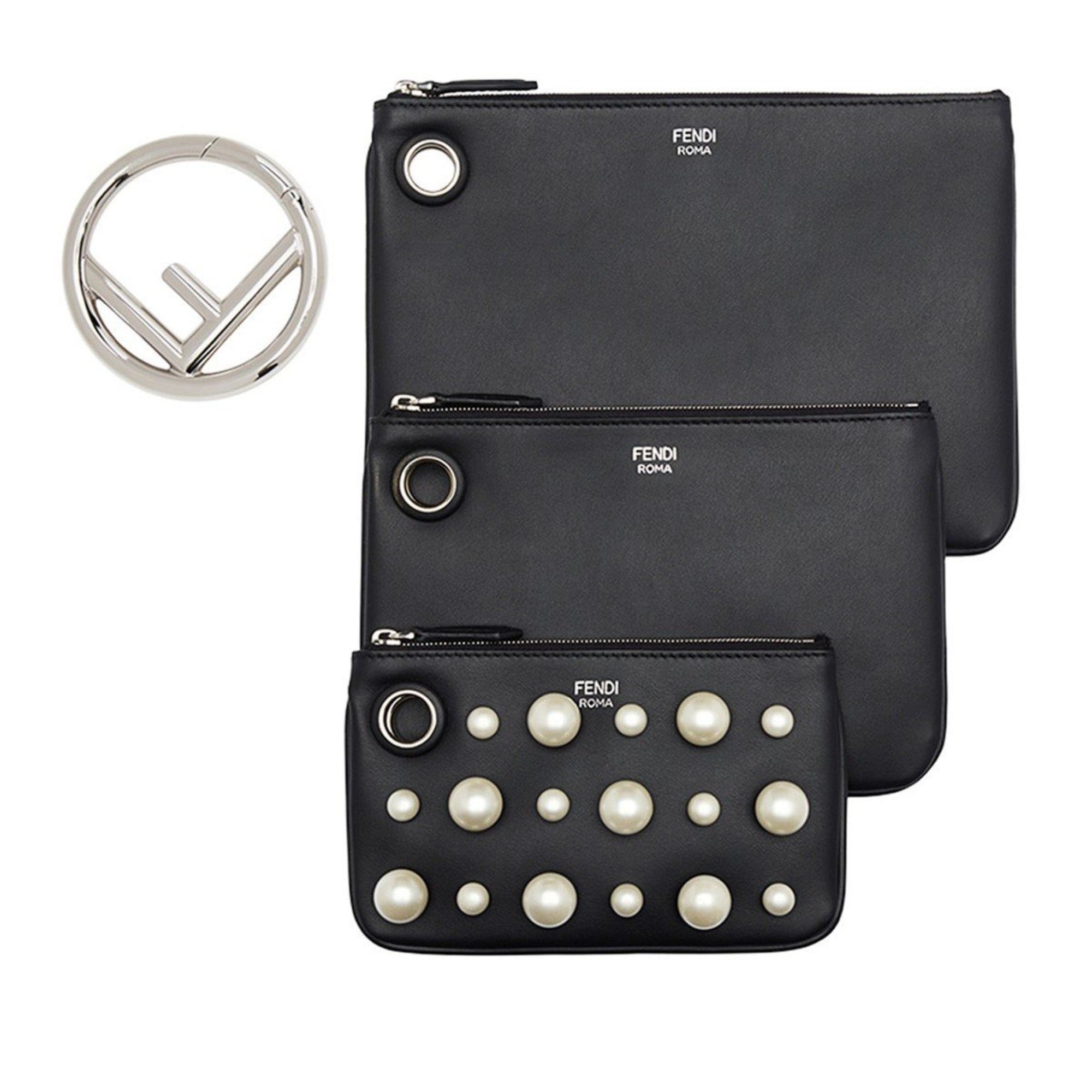Fendi Black Leather Pearl Studded Triplette Multi Clutch Handbag available at Queen Bee of Beverly Hills