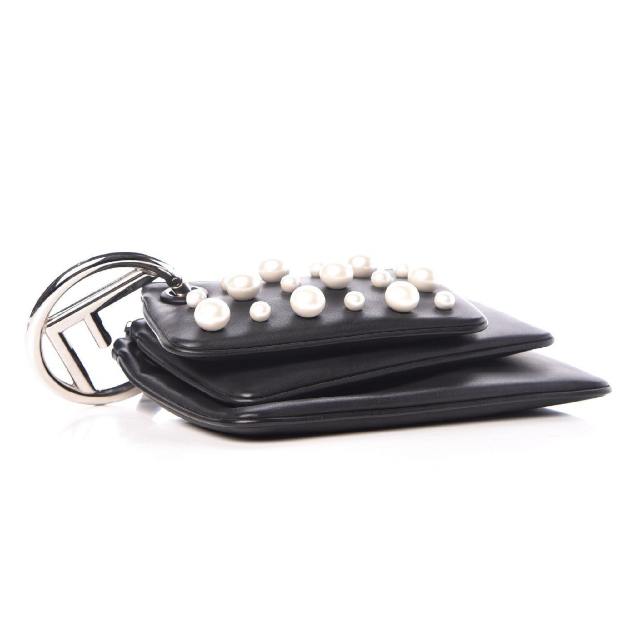 Fendi Black Leather Pearl Studded Triplette Multi Clutch Handbag available at Queen Bee of Beverly Hills