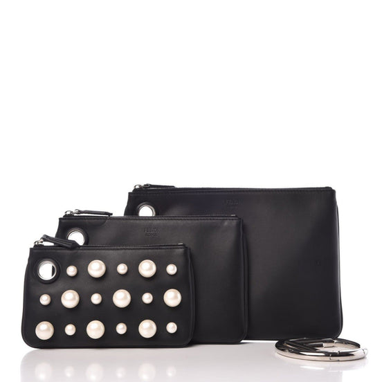 Fendi Black Leather Pearl Studded Triplette Multi Clutch Handbag available at Queen Bee of Beverly Hills