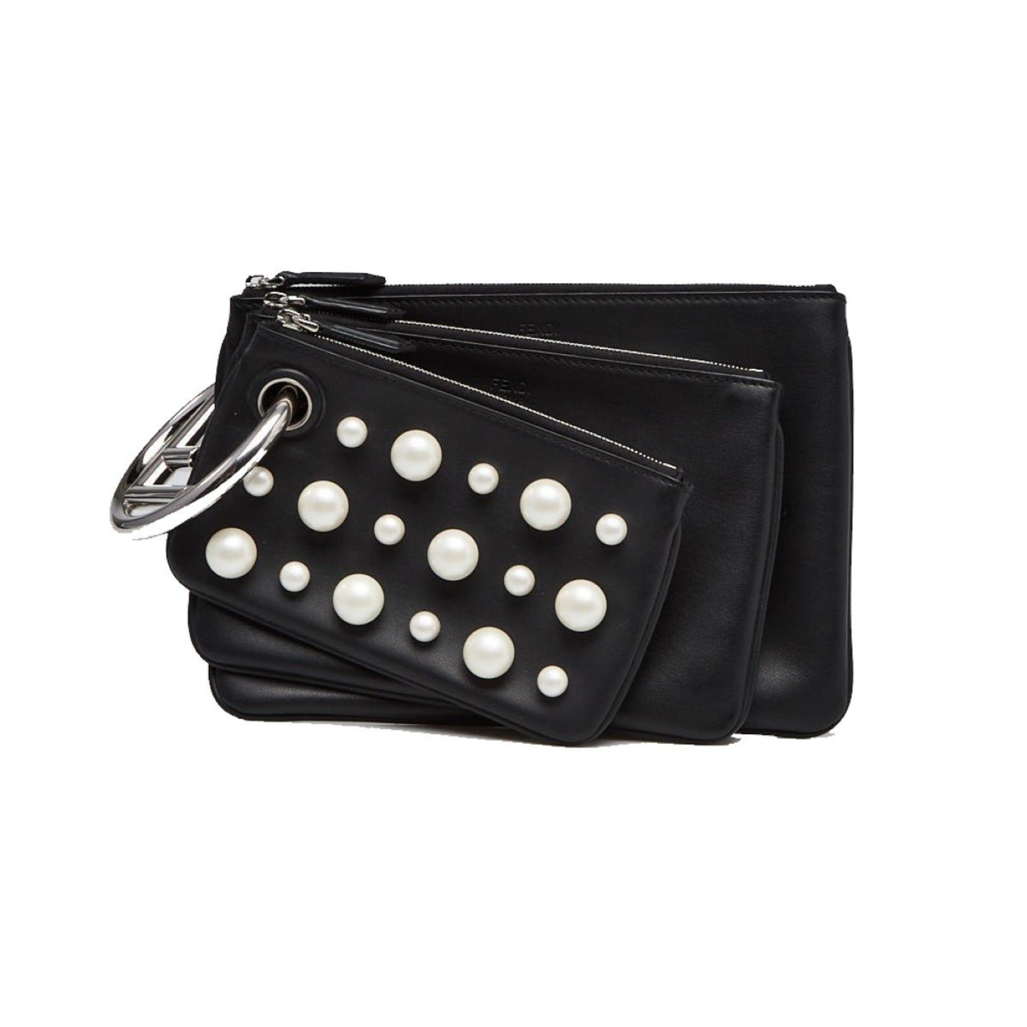 Fendi Black Leather Pearl Studded Triplette Multi Clutch Handbag available at Queen Bee of Beverly Hills