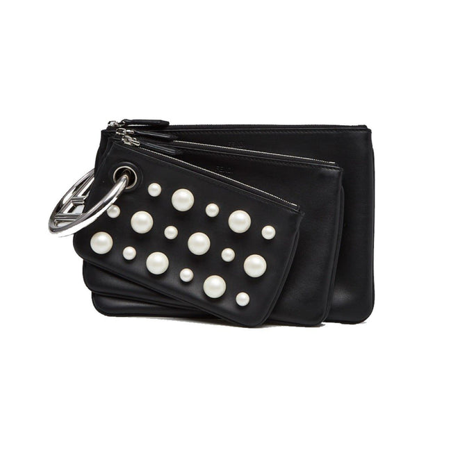 Fendi Black Leather Pearl Studded Triplette Multi Clutch Handbag available at Queen Bee of Beverly Hills