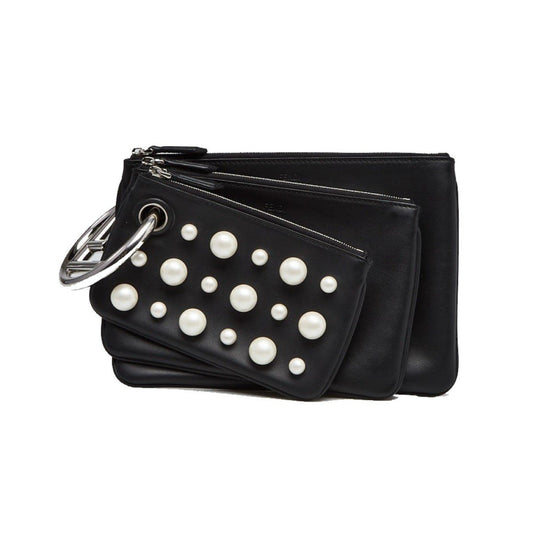 Fendi Black Leather Pearl Studded Triplette Multi Clutch Handbag available at Queen Bee of Beverly Hills